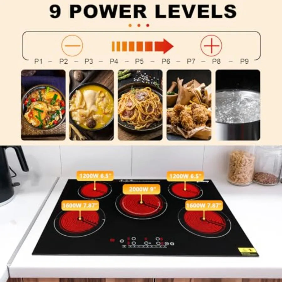 5-Burner Electric Ceramic Cooktop 30" – 9 Heating Levels, Kid Safety Lock, Touch Control