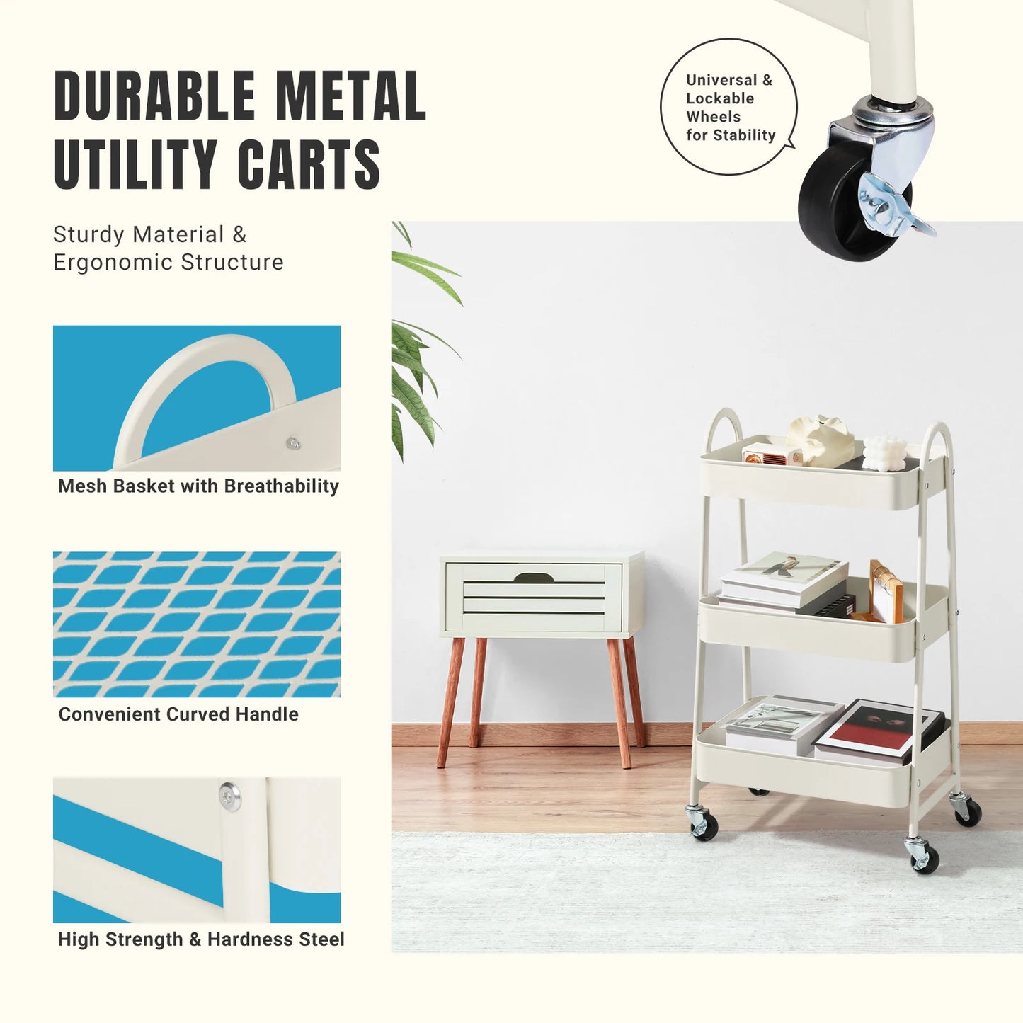 3-Tier Rolling Metal Storage Cart – Lockable Wheels, Mesh Design, Kitchen & Home Organizer