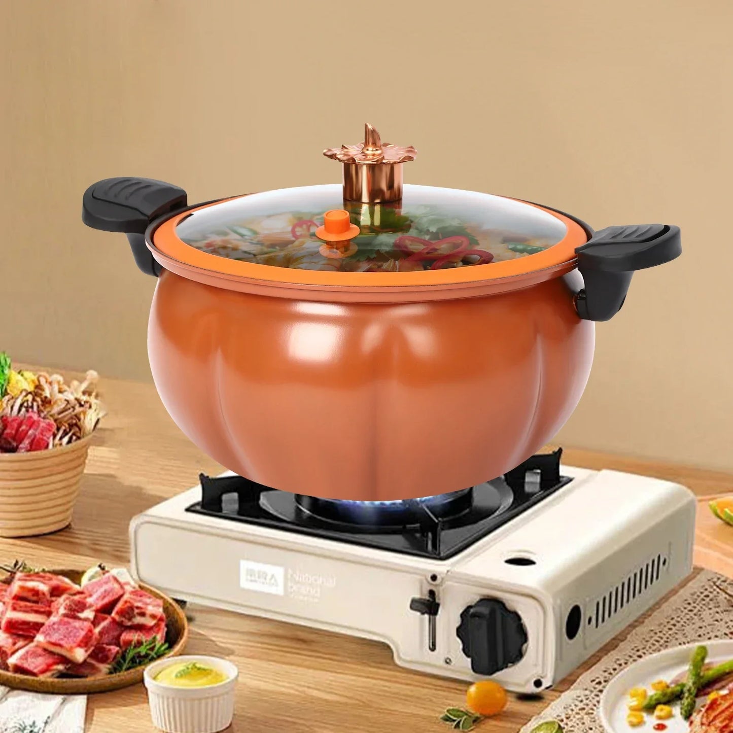 8L Pumpkin-Shaped Micro Pressure Cooker – Non-Stick, Non-Slip Handles & Clear Lid