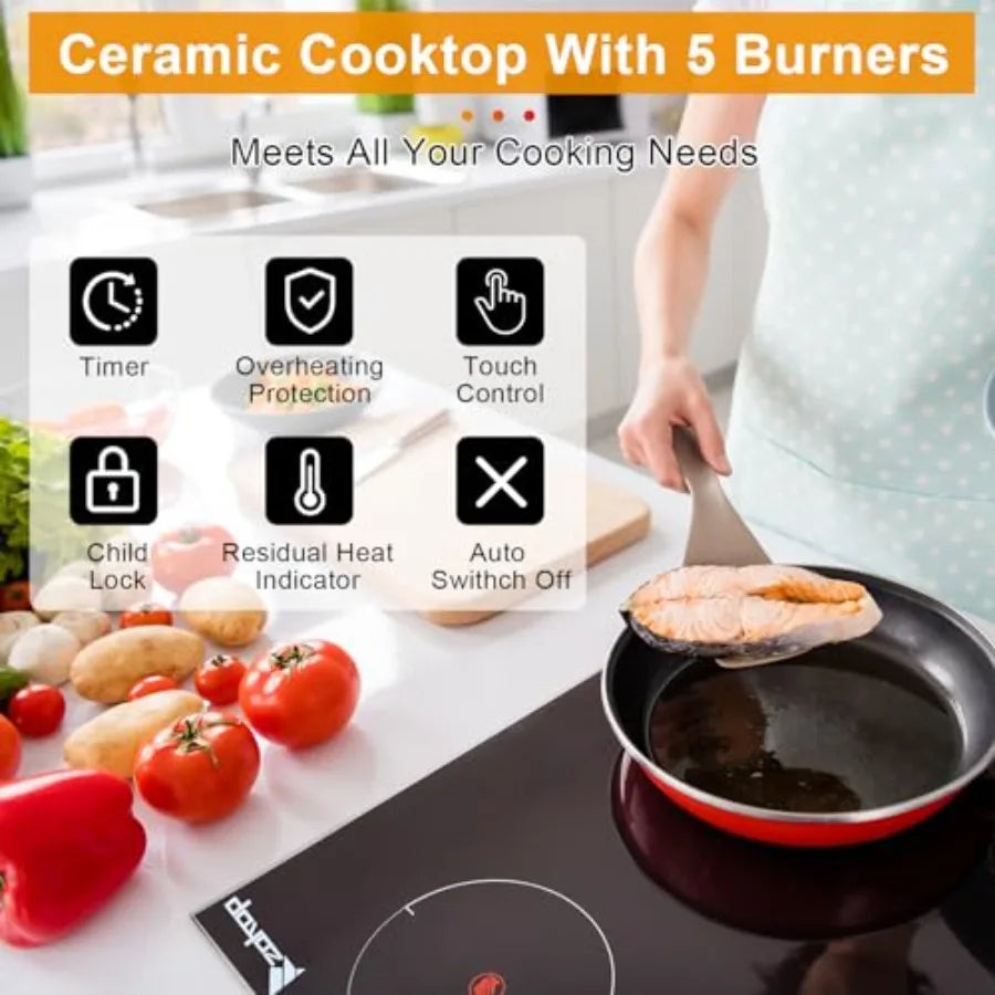 5-Burner Electric Ceramic Cooktop 30" – 9 Heating Levels, Kid Safety Lock, Touch Control