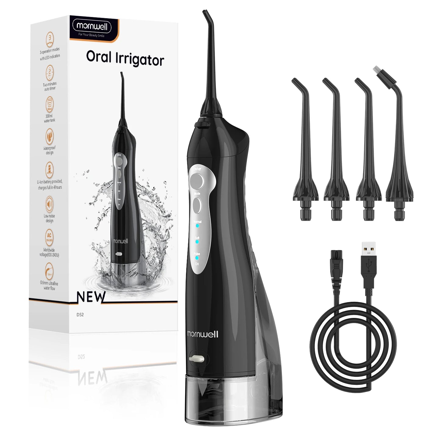 Portable Water Flosser – 300ml Tank, IPX7 Waterproof, 3 Modes, USB Rechargeable, 4 Nozzles