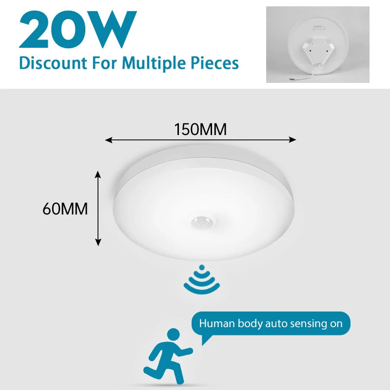 LED Motion Sensor Ceiling Light – Smart Circular Bulb, 15W–40W, Warm & Cool White, Indoor