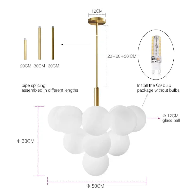 Modern Glass Pendant Chandelier – G9 LED, 5 or 13 Heads, Black / Brass / Chrome, Living & Dining Room