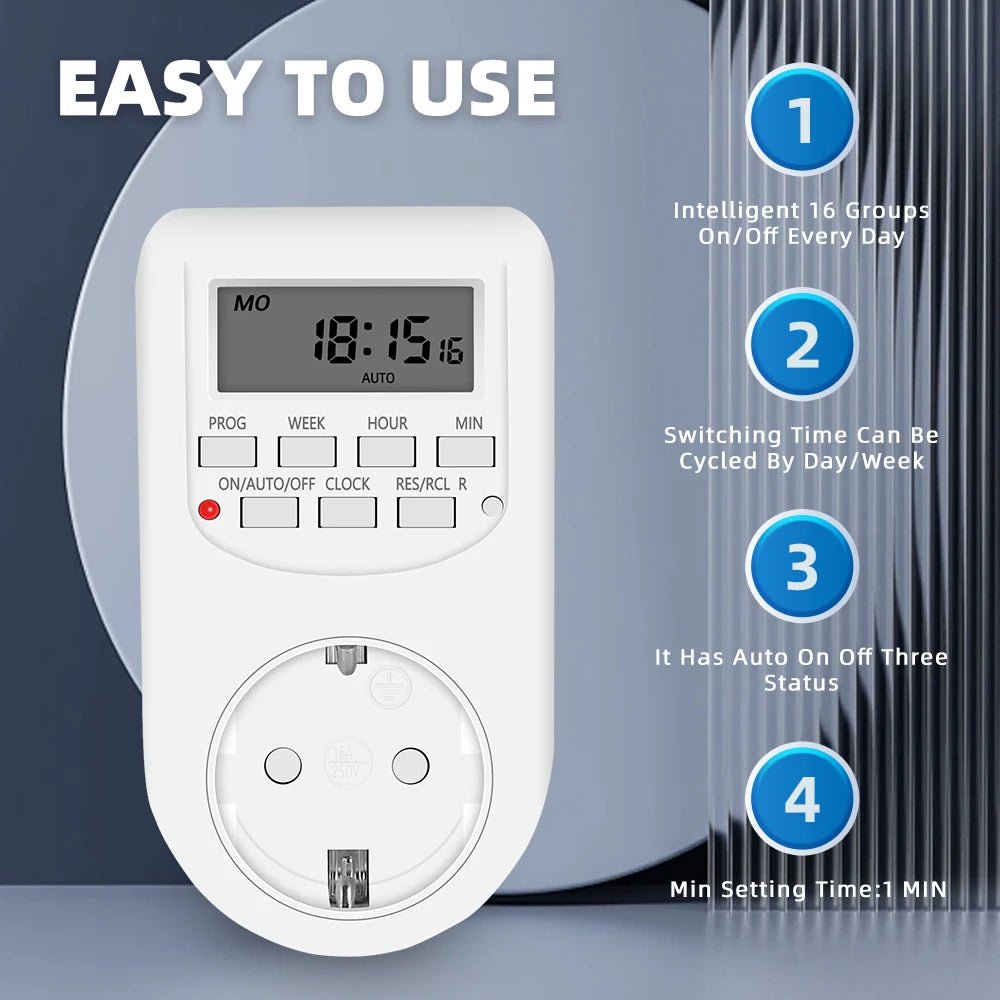 Digital Programmable Timer Switch – Weekly 12/24Hr, EU / UK / US Plug, 2300W Max