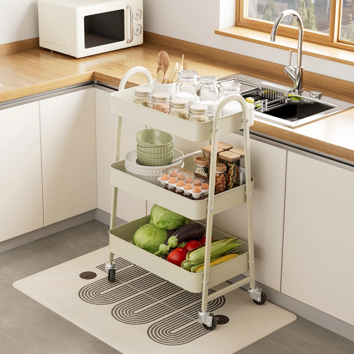 3-Tier Rolling Metal Storage Cart – Lockable Wheels, Mesh Design, Kitchen & Home Organizer