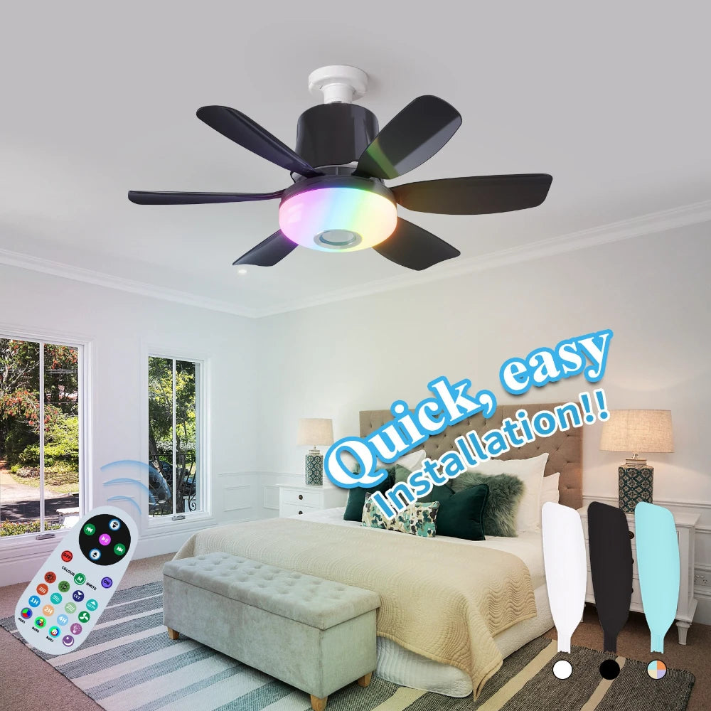 RGB Ceiling Fan with LED Light & Music Remote – 6 Blades, 2-in-1 Fan & Light, Bedroom & Dining Room