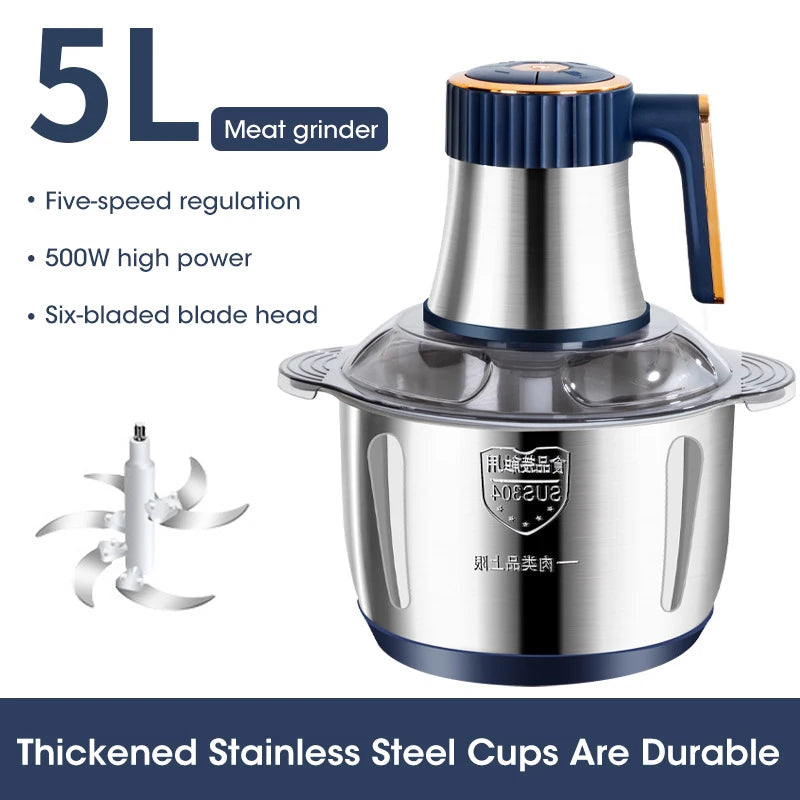 5L Electric Meat Grinder & Food Processor – 500W, Stainless Steel, Multifunctional Chopper