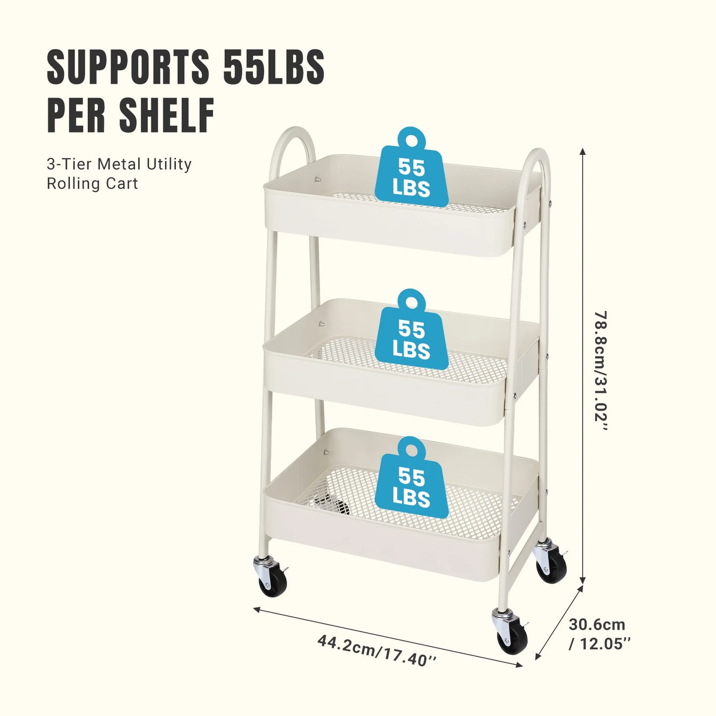 3-Tier Rolling Metal Storage Cart – Lockable Wheels, Mesh Design, Kitchen & Home Organizer