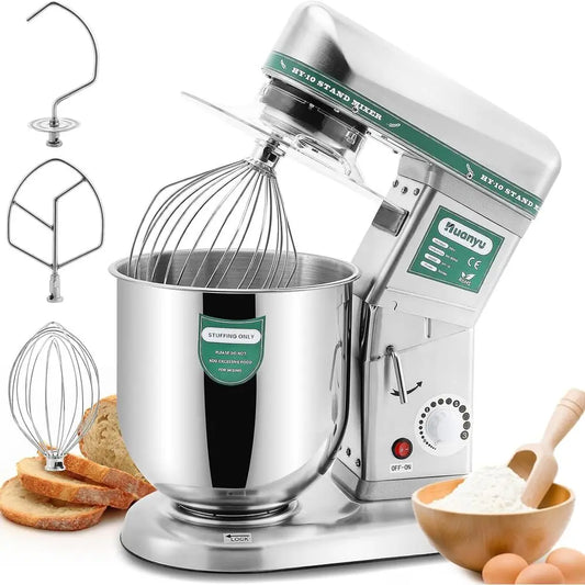 Commercial Stand Mixer 10QT – 500W, 3-in-1 Stainless Steel Bowl, Dough Hook, Beater & Whisk