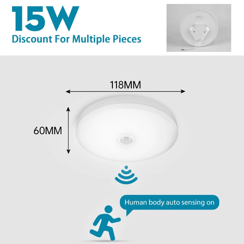 LED Motion Sensor Ceiling Light – Smart Circular Bulb, 15W–40W, Warm & Cool White, Indoor