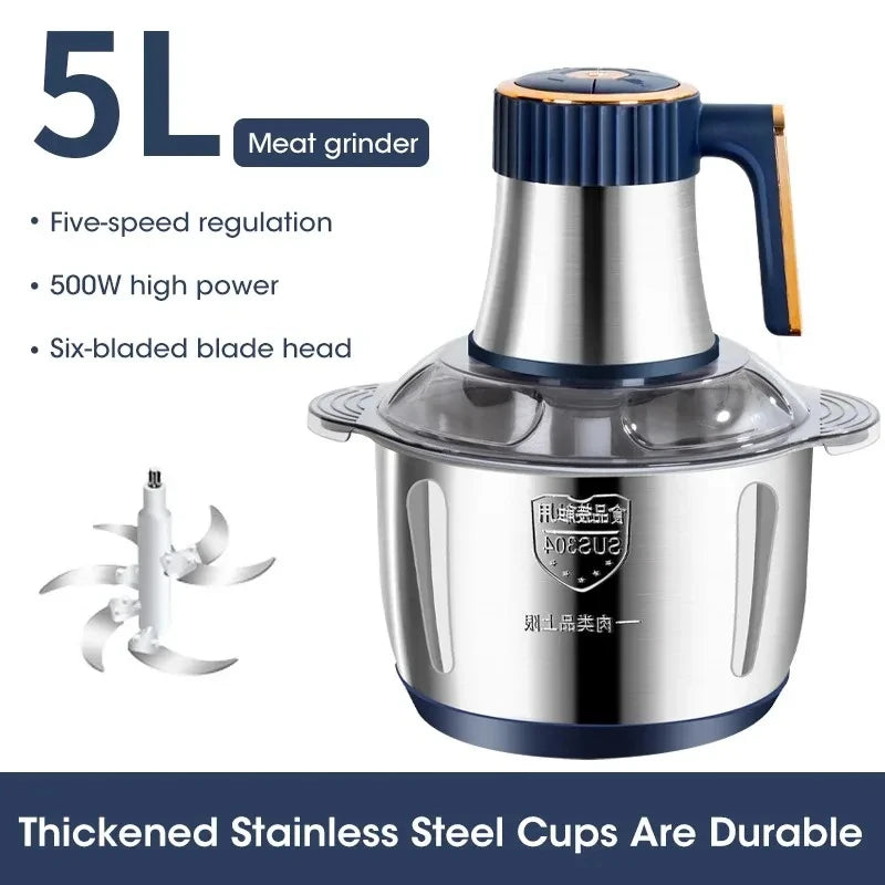 5L Electric Meat Grinder & Food Processor – 500W, Stainless Steel, Multifunctional Chopper