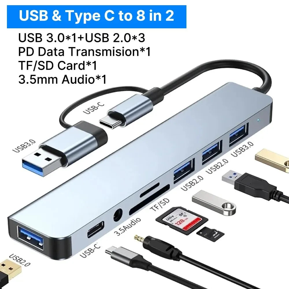 8in1 USB C Hub 4 USB Ports 1 USB-C Jack TF/SD Card Reader 3.5mm Audio Output for MacBook pro iPad pro iPhone 15 Laptop