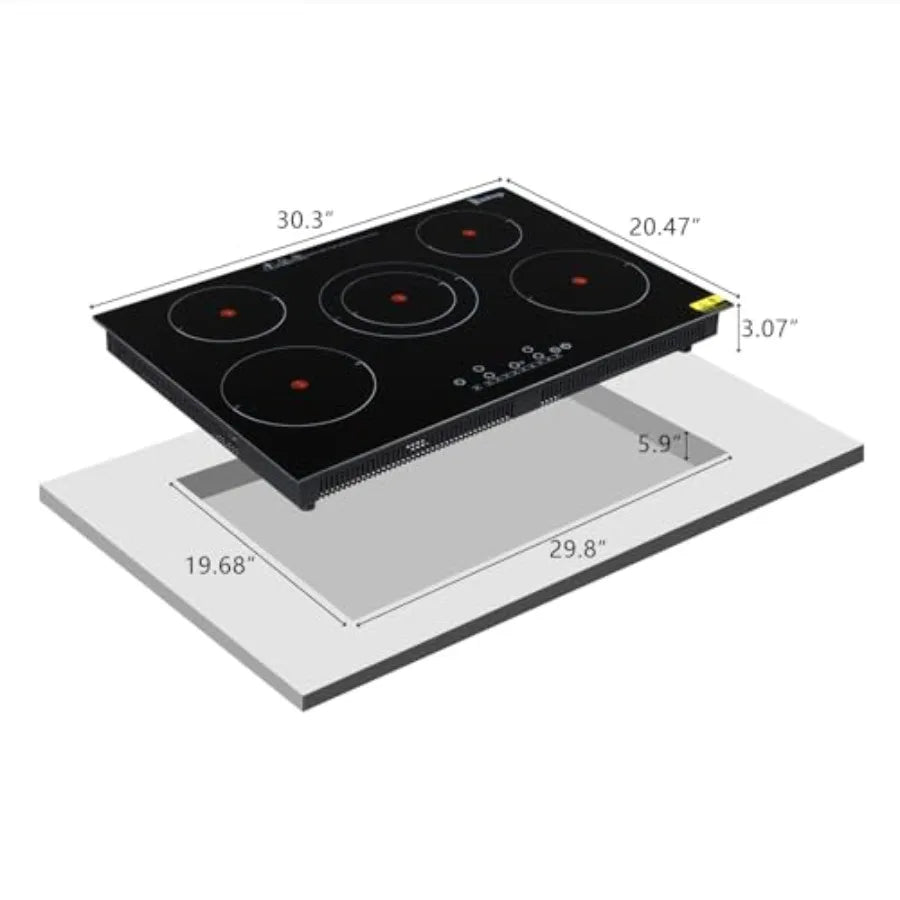 5-Burner Electric Ceramic Cooktop 30" – 9 Heating Levels, Kid Safety Lock, Touch Control