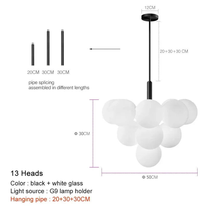 Modern Glass Pendant Chandelier – G9 LED, 5 or 13 Heads, Black / Brass / Chrome, Living & Dining Room