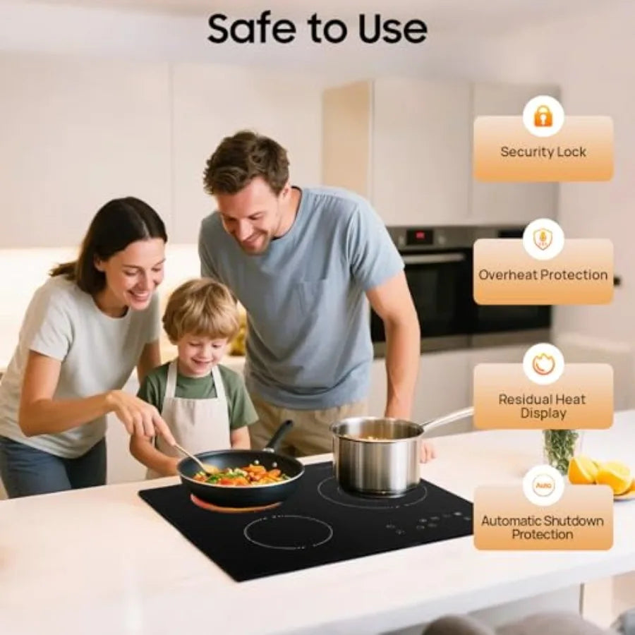 3-Burner Electric Ceramic Cooktop – Countertop or Built-In, Child Safety Lock, Residual Heat Indicator