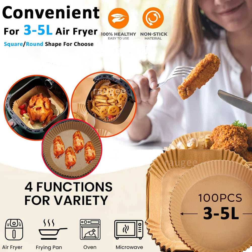 Disposable Air Fryer Liner Paper – Round & Square, 50 or 100pcs, Non-Stick Baking Parchment