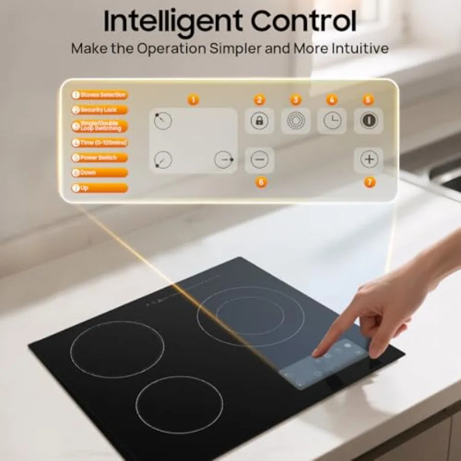 3-Burner Electric Ceramic Cooktop – Countertop or Built-In, Child Safety Lock, Residual Heat Indicator