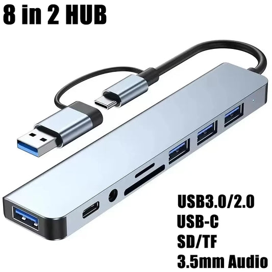 8-in-2 USB-C Hub & Docking Station – USB 3.0, SD/TF Card Reader, Audio, Aluminium, Gray