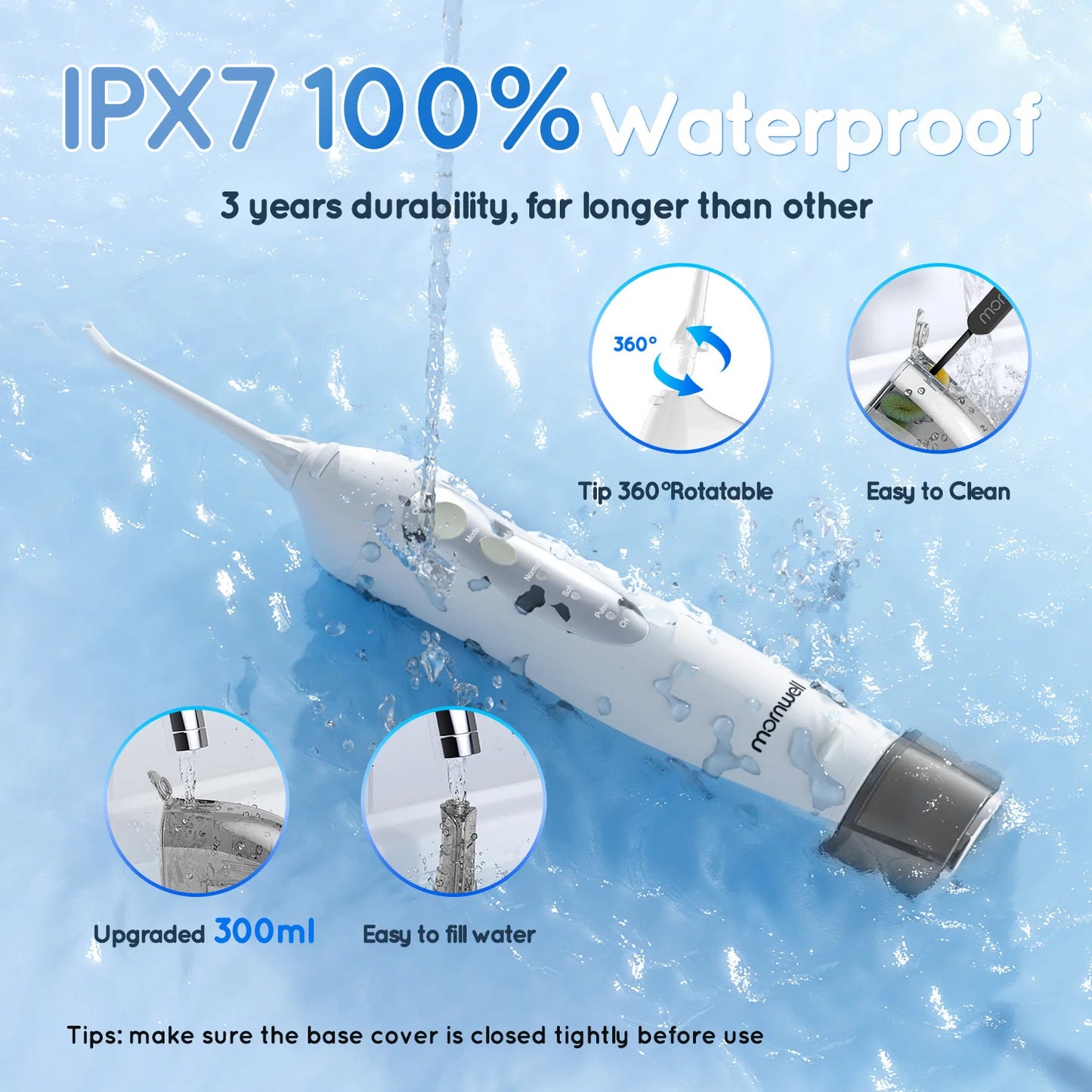 Portable Water Flosser – 300ml Tank, IPX7 Waterproof, 3 Modes, USB Rechargeable, 4 Nozzles