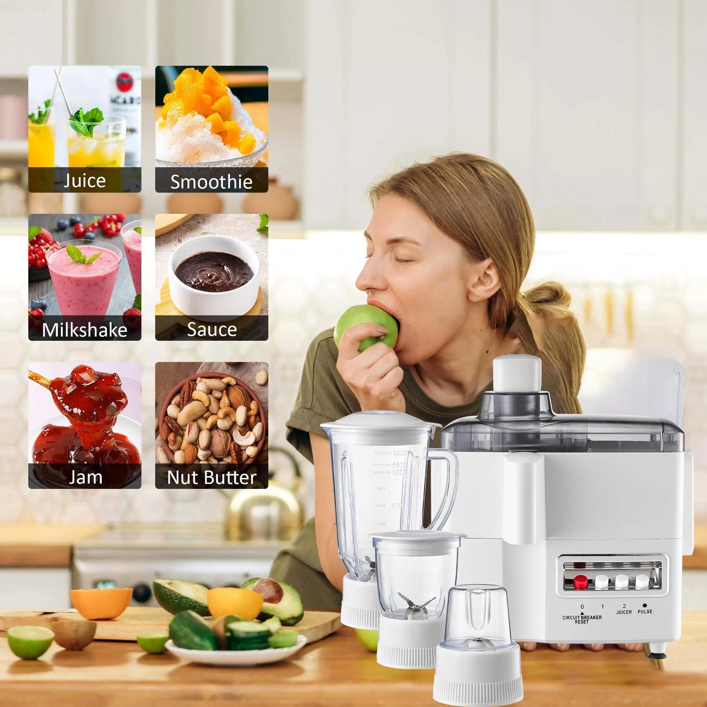 4-in-1 Multi-Purpose Food Processor – Blender, Juicer & Mixer, 1.8L