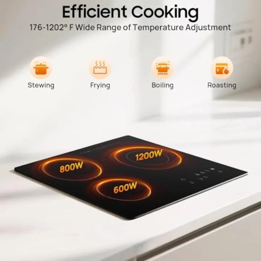 3-Burner Electric Ceramic Cooktop – Countertop or Built-In, Child Safety Lock, Residual Heat Indicator