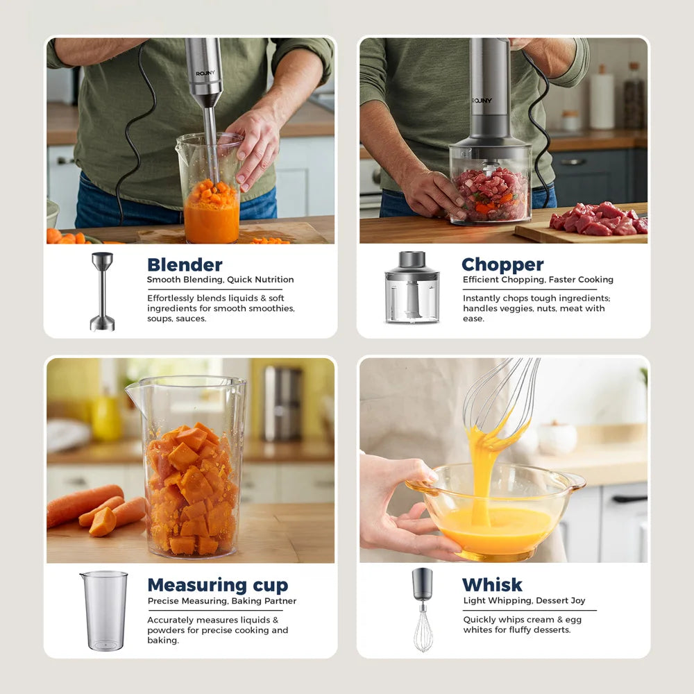 4-in-1 Hand Immersion Blender 1000W – 14-Speed, Stainless Steel, 700ml Beaker & 500ml Processor