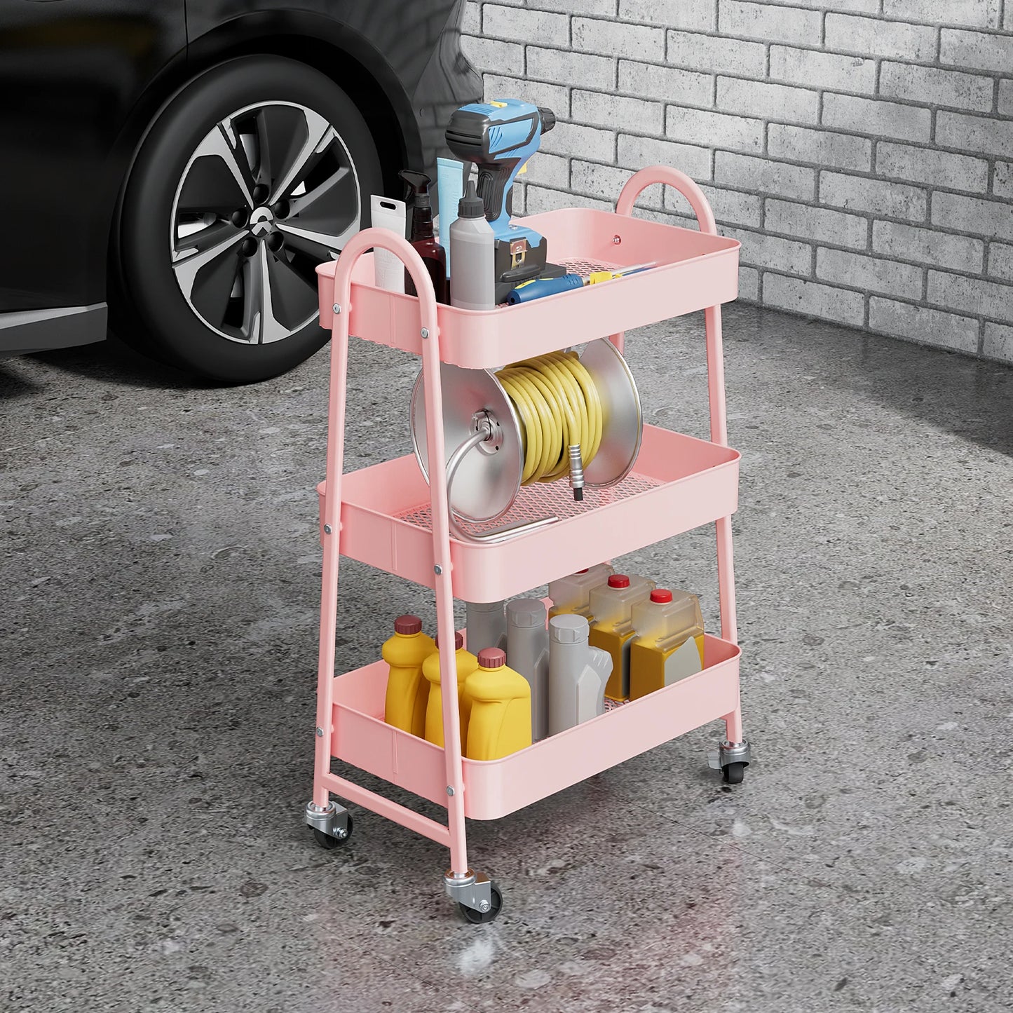 3-Tier Rolling Metal Storage Cart – Lockable Wheels, Mesh Design, Kitchen & Home Organizer
