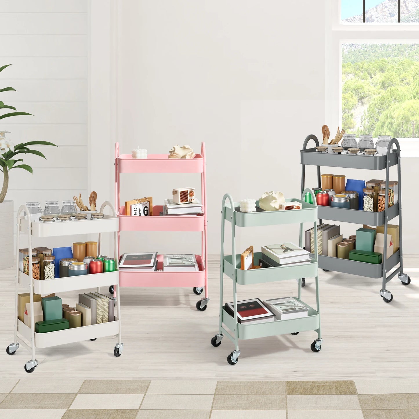 3-Tier Rolling Metal Storage Cart – Lockable Wheels, Mesh Design, Kitchen & Home Organizer