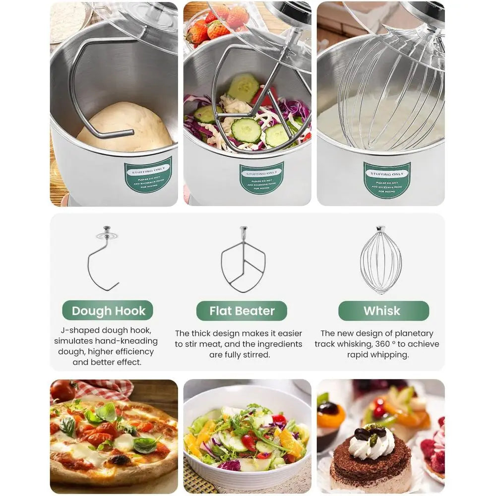 Commercial Stand Mixer 10QT – 500W, 3-in-1 Stainless Steel Bowl, Dough Hook, Beater & Whisk