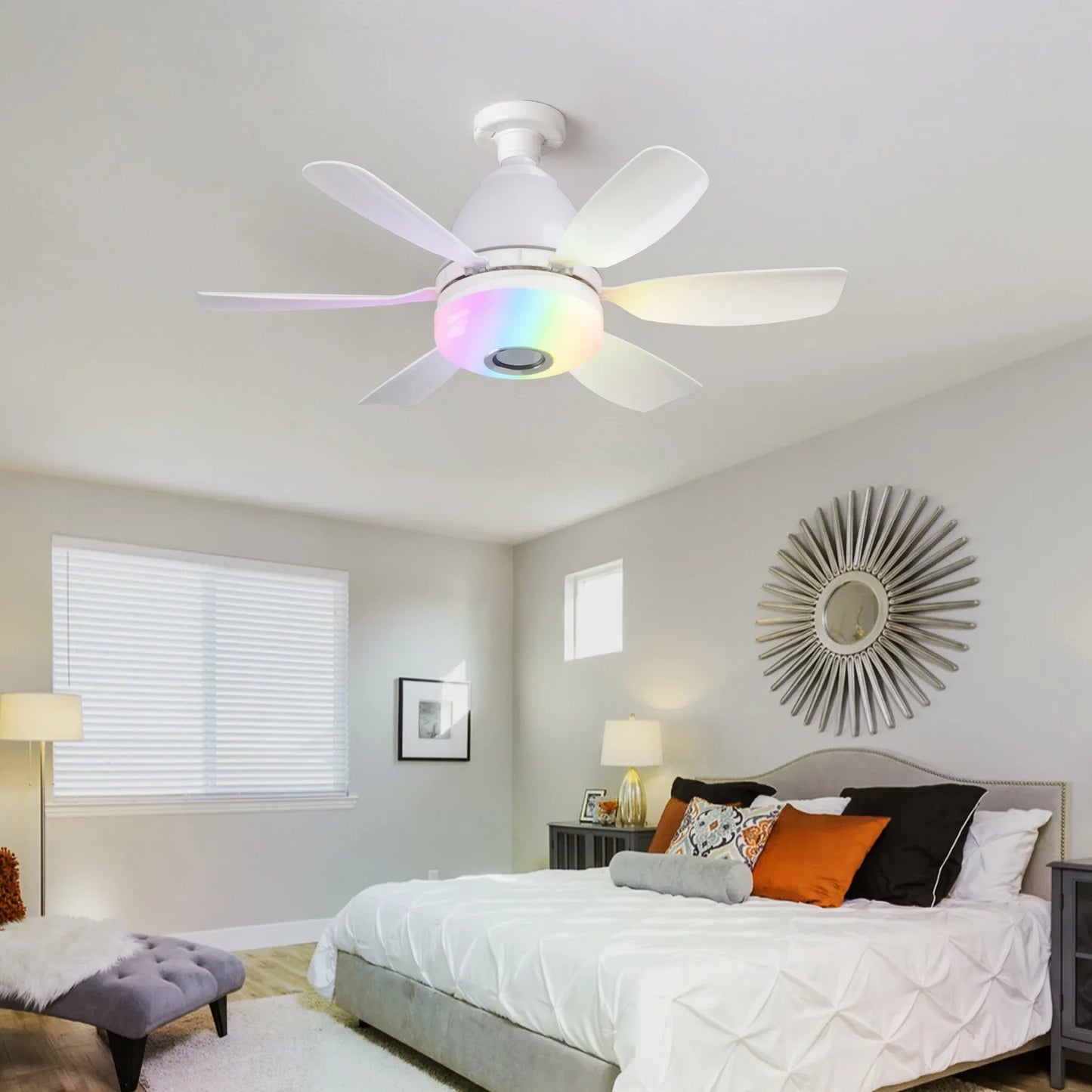 RGB Ceiling Fan with LED Light & Music Remote – 6 Blades, 2-in-1 Fan & Light, Bedroom & Dining Room