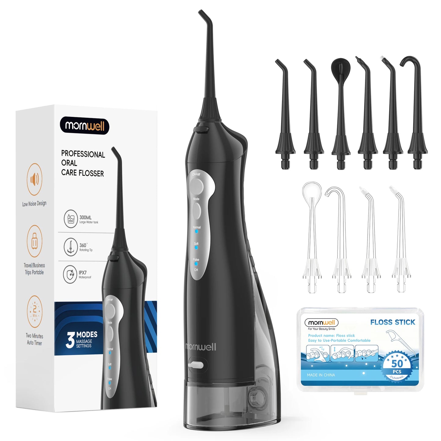 Portable Water Flosser – 300ml Tank, IPX7 Waterproof, 3 Modes, USB Rechargeable, 4 Nozzles
