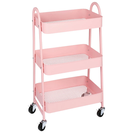 3-Tier Rolling Metal Storage Cart – Lockable Wheels, Mesh Design, Kitchen & Home Organizer