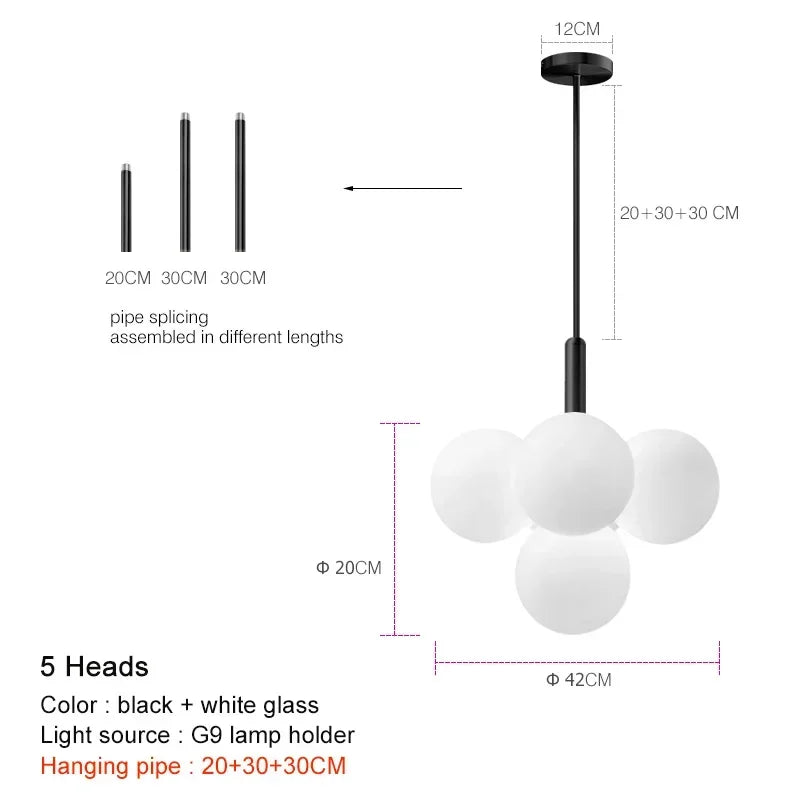 Modern Glass Pendant Chandelier – G9 LED, 5 or 13 Heads, Black / Brass / Chrome, Living & Dining Room