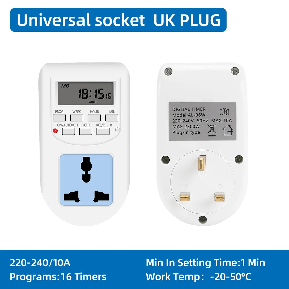 Digital Programmable Timer Switch – Weekly 12/24Hr, EU / UK / US Plug, 2300W Max