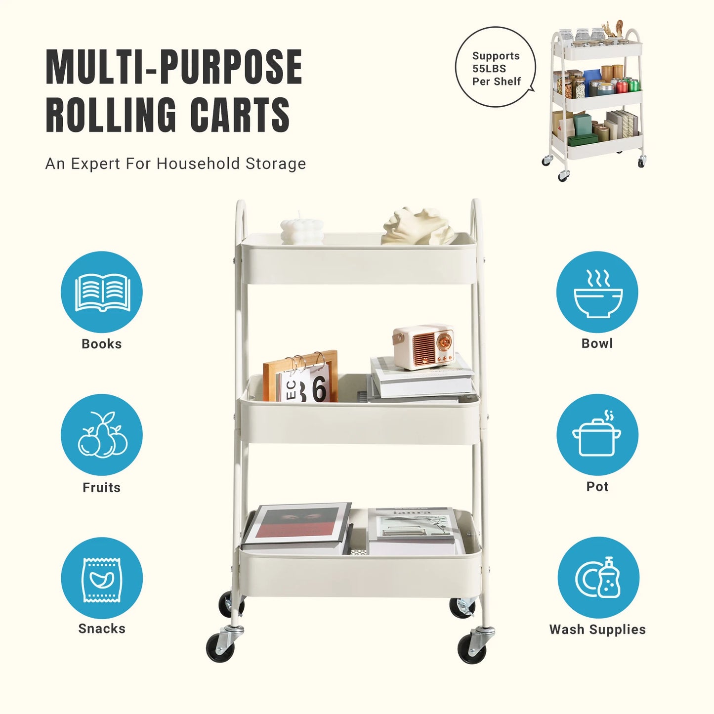 3-Tier Rolling Metal Storage Cart – Lockable Wheels, Mesh Design, Kitchen & Home Organizer