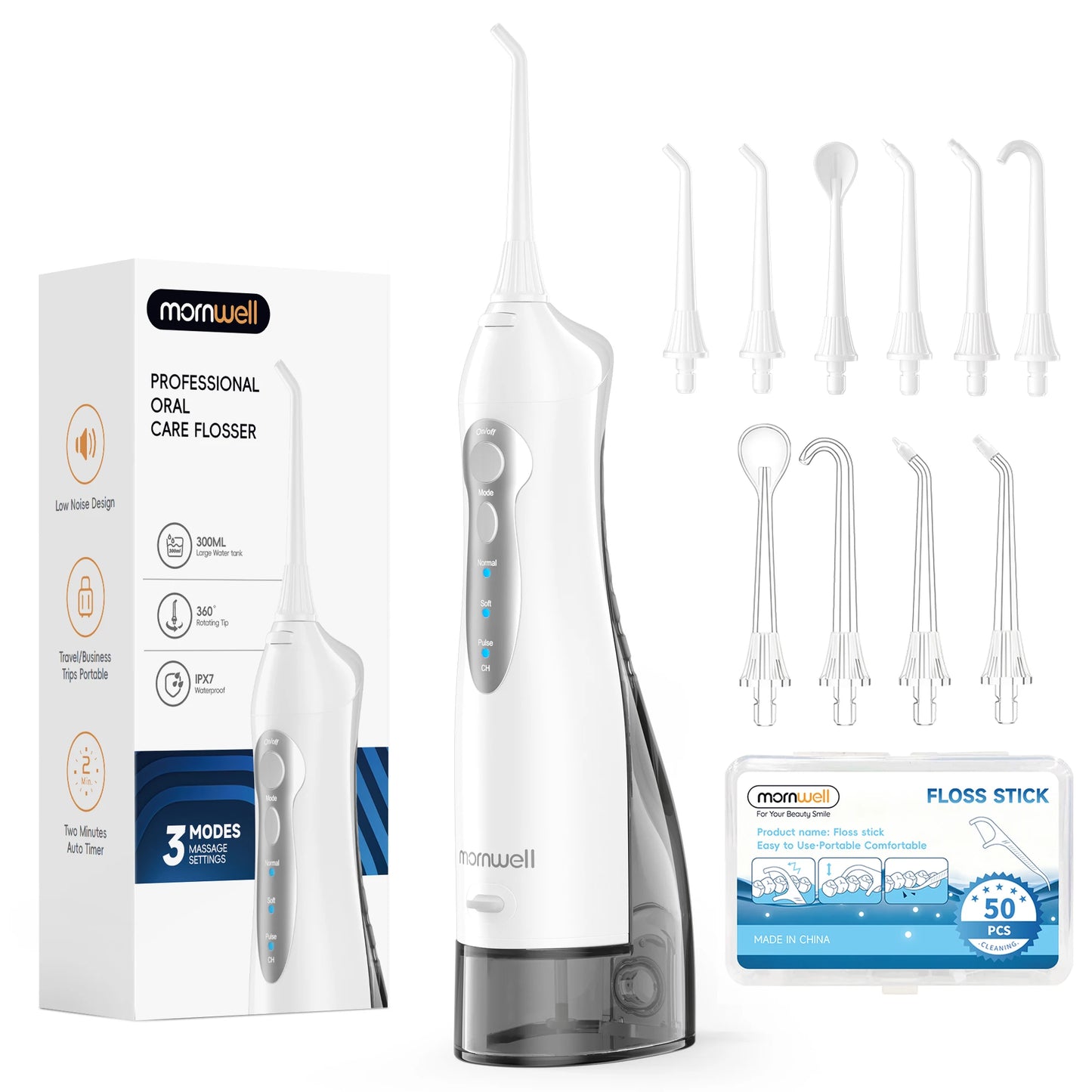 Portable Water Flosser – 300ml Tank, IPX7 Waterproof, 3 Modes, USB Rechargeable, 4 Nozzles