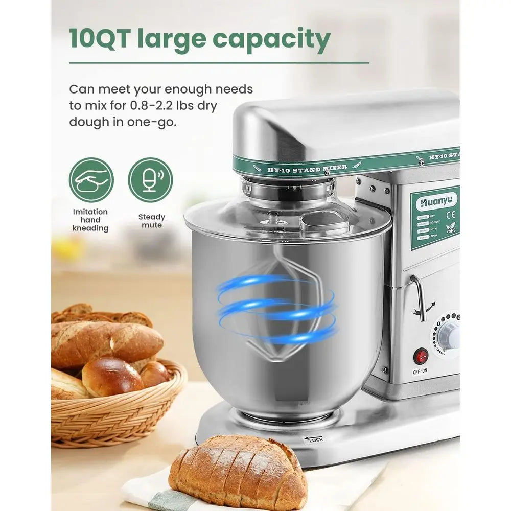 Commercial Stand Mixer 10QT – 500W, 3-in-1 Stainless Steel Bowl, Dough Hook, Beater & Whisk